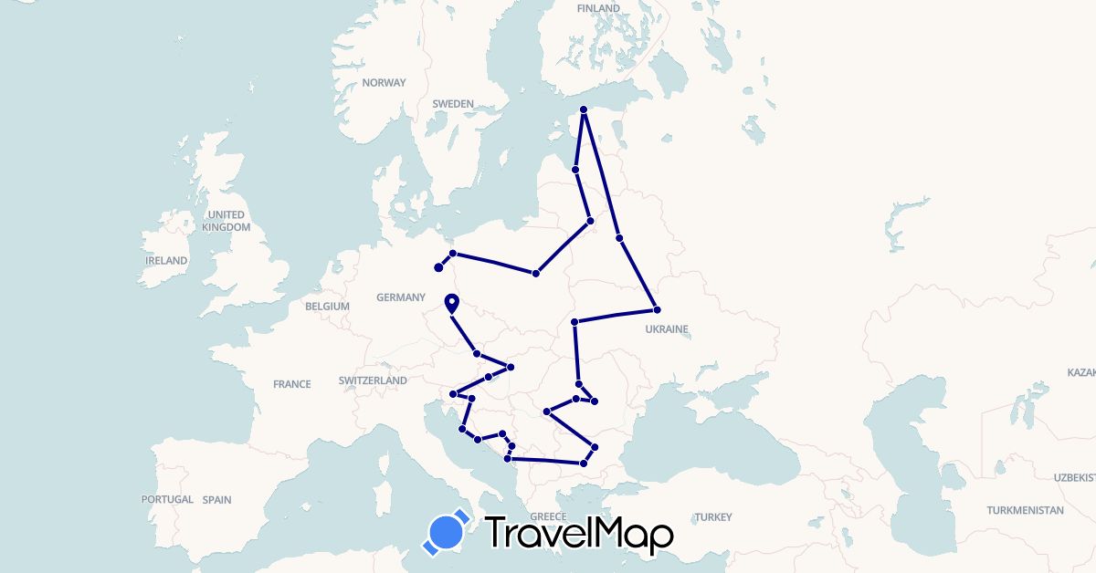 TravelMap itinerary: driving in Austria, Bosnia and Herzegovina, Bulgaria, Belarus, Czech Republic, Germany, Estonia, Croatia, Hungary, Lithuania, Latvia, Montenegro, Poland, Romania, Slovenia, Ukraine (Europe)